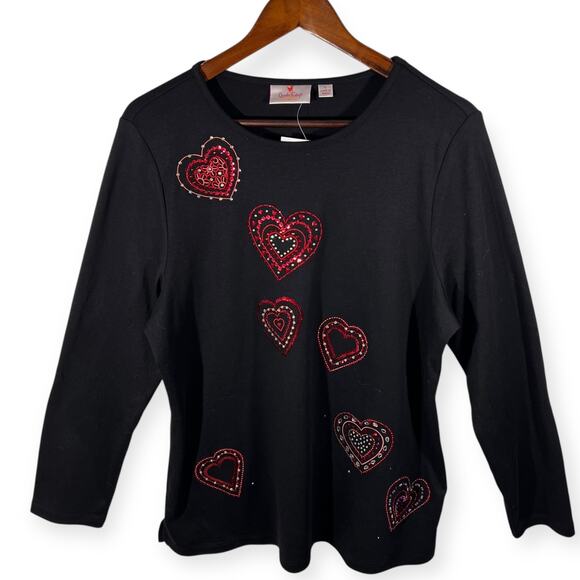 Quacker Factory T-Shirt Long Sleeve Hearts Black Cotton Blend Valentine Large - Picture 3 of 11